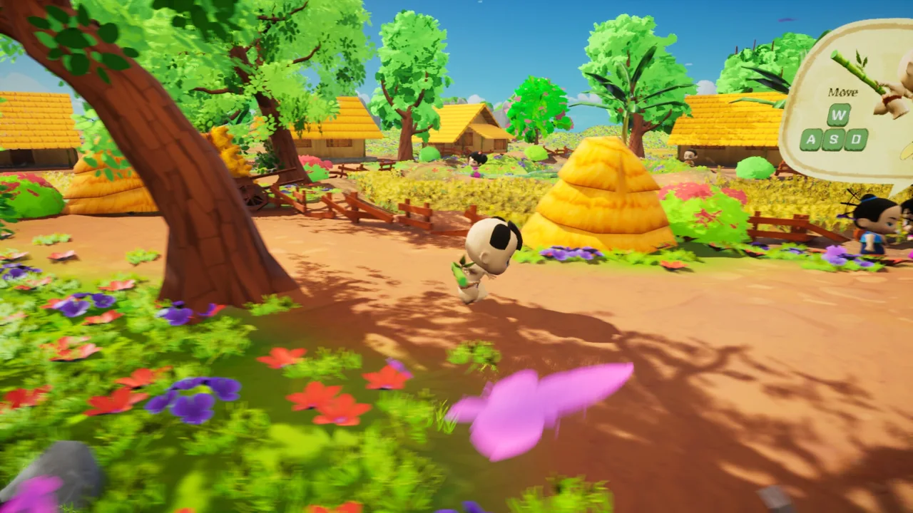 A bamboo-wielding hero runs through the sunlit village