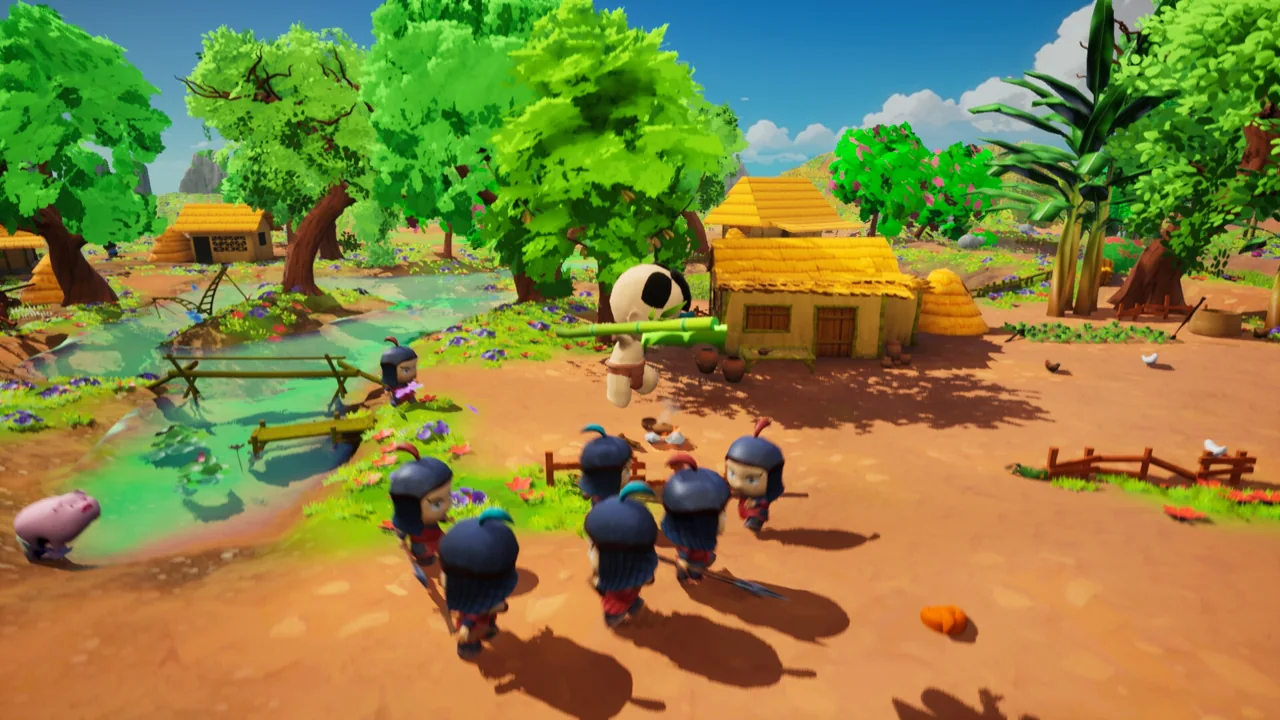 A bamboo-wielding hero faces enemies beside a village pond