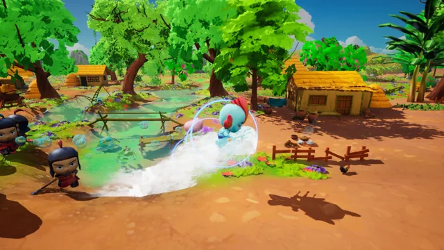 A blue hero launches a surging water attack beside the pond