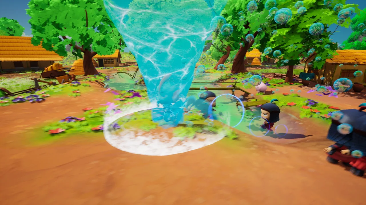 A towering water vortex erupts in the middle of a village battle