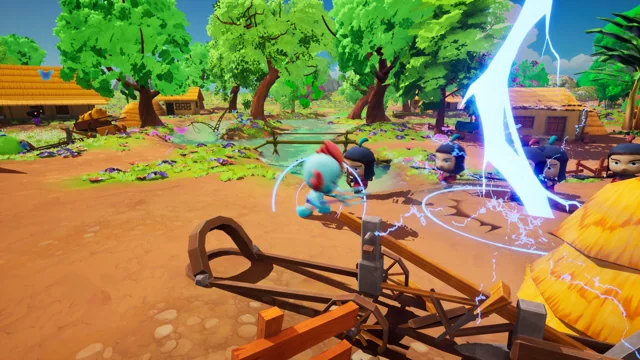 A lightning-like combat effect flashes across a bamboo bridge