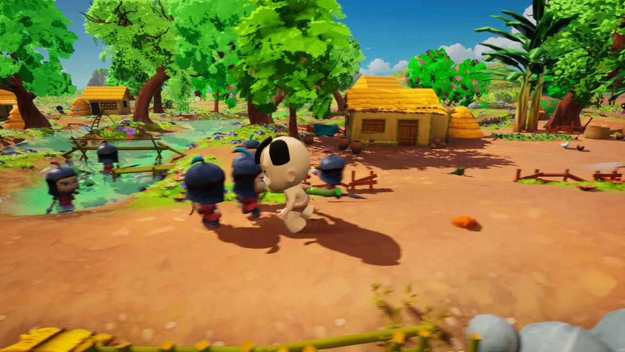 A hero surrounded by enemies in a leafy village courtyard