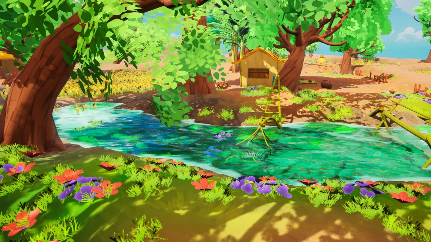 A sunlit Vietnamese village with a turquoise pond, bamboo bridges and lush trees